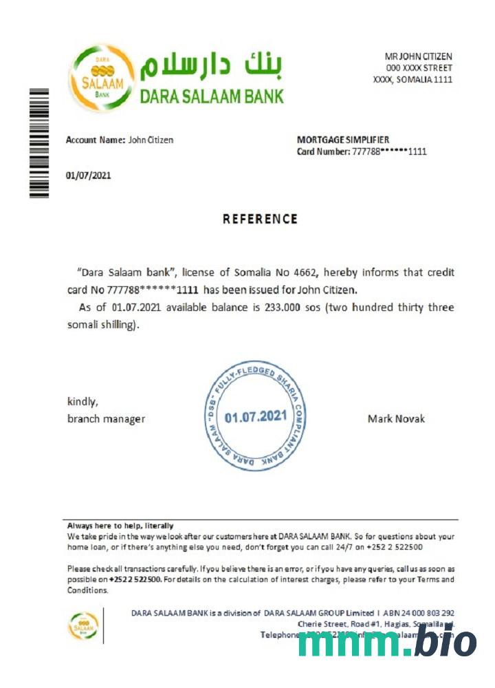 Przykład odniesienia do banku Somalia Dara Salaam w formatach Word i PDF